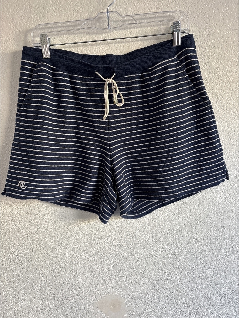 Lauren Ralph Lauren Navy Blue and White Striped Knit Shorts with Drawstring, Sz.